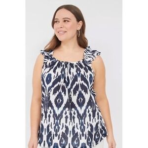 Lane Bryant Swing Ruffle-Sleeve Tank Navy Ikat Sz 22 Scoop Neck NWT Blue White